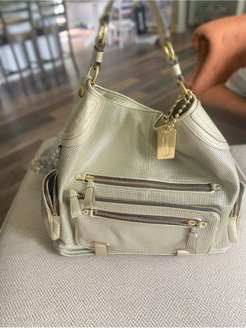 Vintage Coach Metallic Cream Shoulder Bag with Gold Hardware